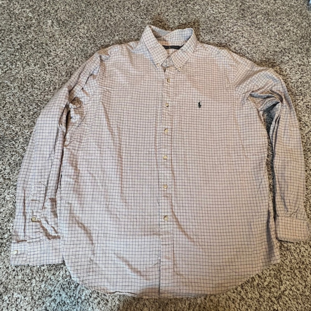 Ralph Lauren Mens XXL Sleeve Button Down Shirt Tan Purple Green Check Pony